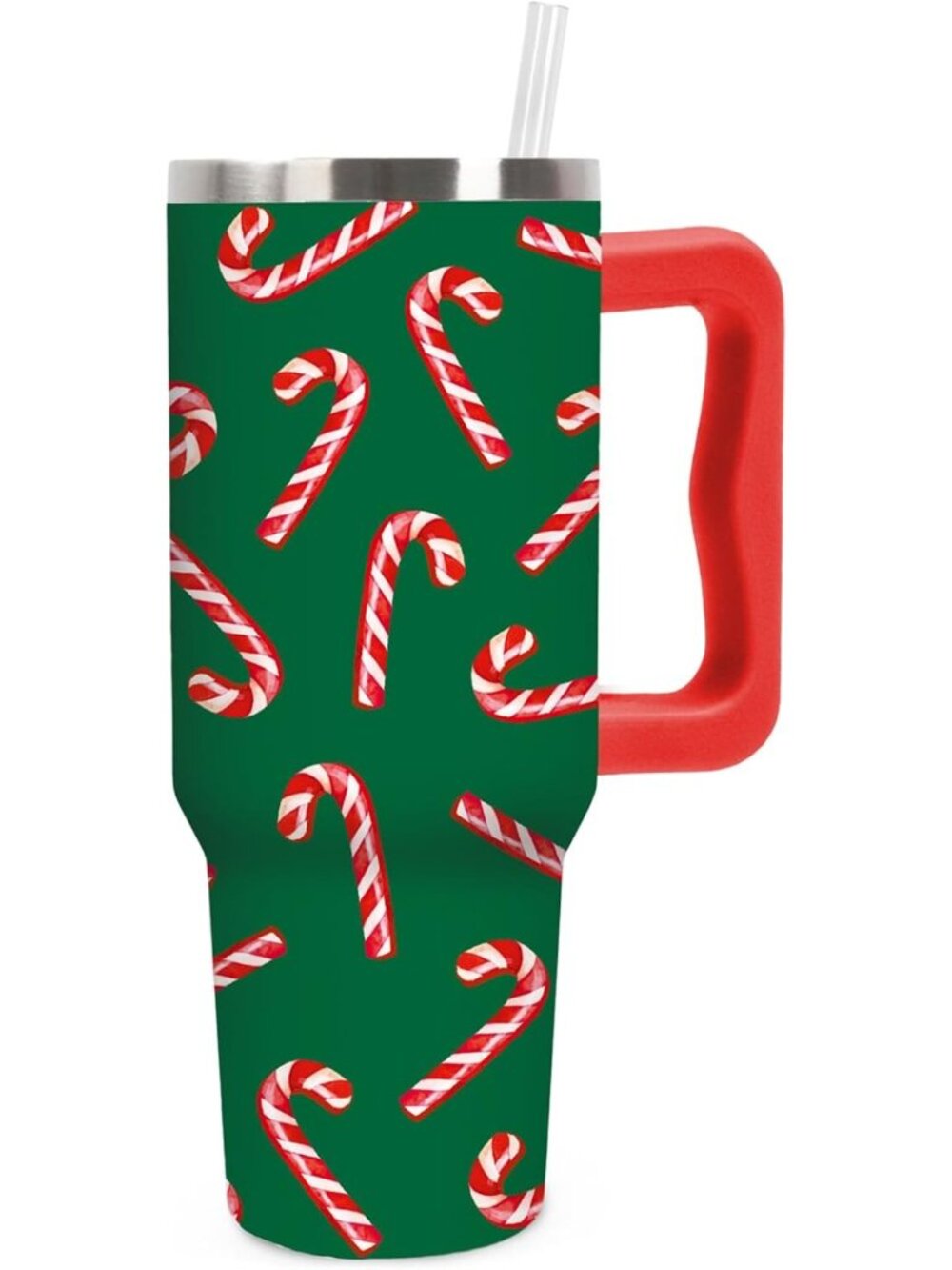 40oz Candy Cane Tumbler with Handle, Straw & Lid - Festive Stainless Steel Cup